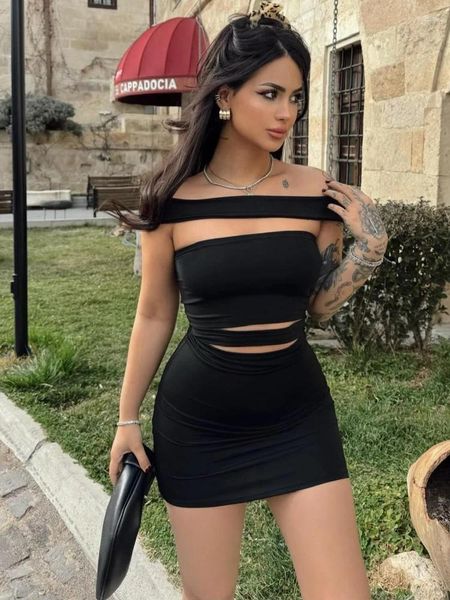 Vestidos casuais yuzhexi sexy recorte bandagem curta dura curta mulher mulher sem mangas fora do ombro bodycon preto bainha azul