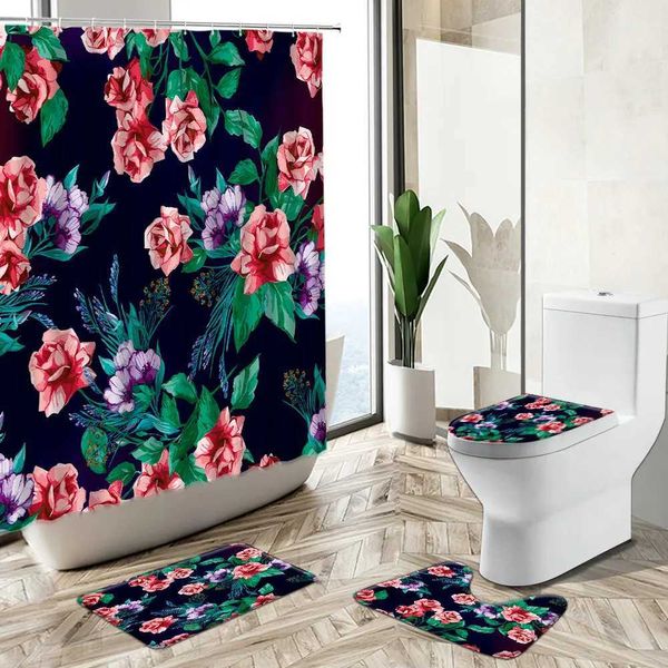 Tende per doccia piccole foglie verdi floreali tenda per doccia pianta di fiori rosa pianta pastorale europea bagno vasca non a vasca da bagno tappeto tappetino set