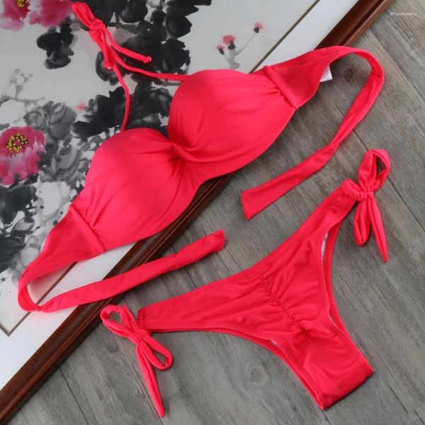 Bras de roupas de banho feminina Scrunch Bubikini Conjunto 2 peças Mulheres de maiô Push Up Up Bathing Sits Pads Bikinis Red Yellow Swimming Suit XXL