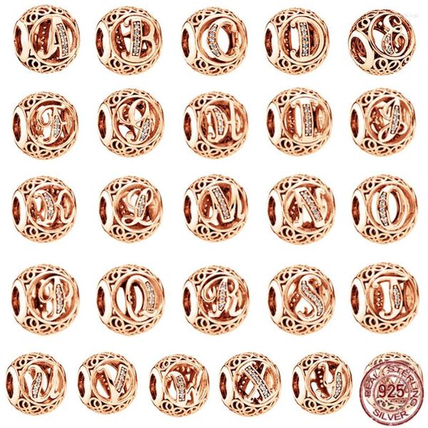 Pedras preciosas 925 Letra aberta de prata esterlina letra A-Z Charms de alfabetismo FIT BAIL BAILEGIA ORIGINAL BLANGE ROSE PLACA DE PLACA DE OURO ROSE