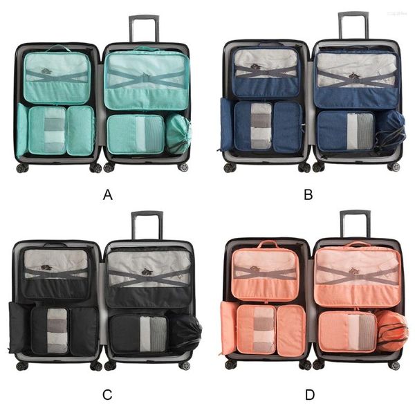 Aufbewahrungstaschen 7pcs Set Packing Würfel Reisetasche Nicht gewebter Stoff Gepäck tragbare Picknickschuhe Kleidung Unterwäsche Beutel Pack Blau