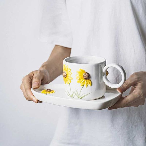 Tassen, Untertassen, 1 Set, Keramik-Sonnenblumen-Kaffeetasse mit Dessertteller, neuartige 3D-Kuchen-Untertasse, Nachmittagstee, Milch, Teetasse, 430 ml, mikrowellengeeignet