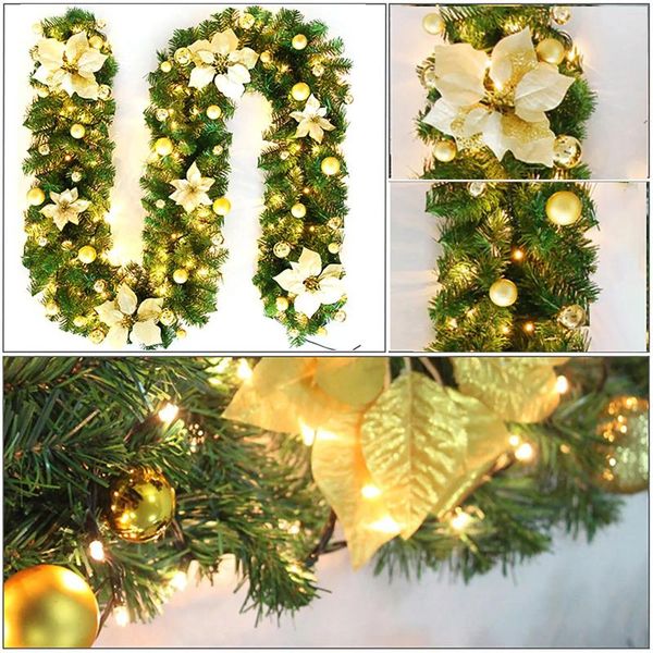 Flores decorativas Decoração de Natal 2024 Garlandes Rattan Wreath Banner 2,7m LED Light Flower Flower Ornament Band