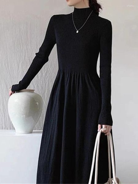 Vestidos casuais vestido de malha preta mulher outono inverno manga longa gola gola gola gola gulza francesa elegante suéter de moda