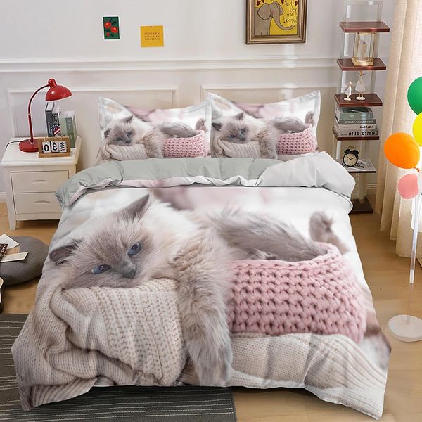 3D -Katzenbettung Deluxe Animal Down Duvet Cover mit Kissenbezug große Mädchen doppelte Größe Jungen Polyester Bettdecke 240426