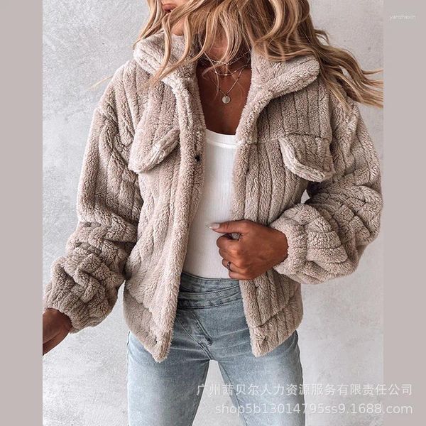 Jackets femininos WEPBEBL PLUSH CASual Mulheres Manga Longa Lão de Autumn curto Mantenha o Teddy Outwear abotoado