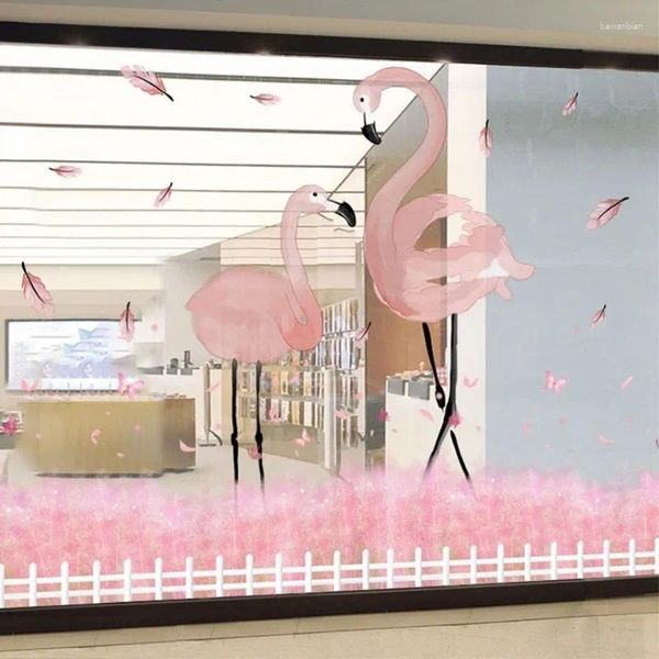 Adesivos de janela rosa flamingo vidro adesivo de vidro de parede de pássaros diy decals murais para display home decoration shop