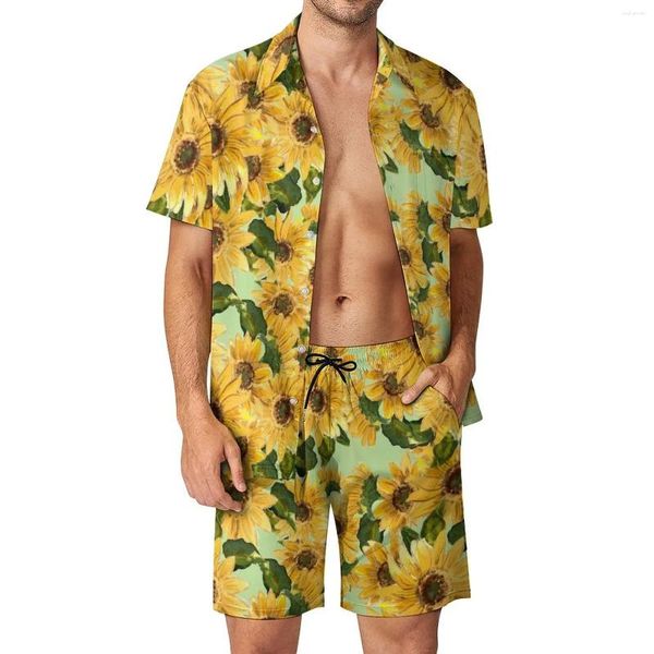 Tute da uomo in fiore di vacanza di girasole per uomini set di fiori gialli camicie casual set di design estivo pantaloncini divertenti in due pezzi di grande dimensione 2xl