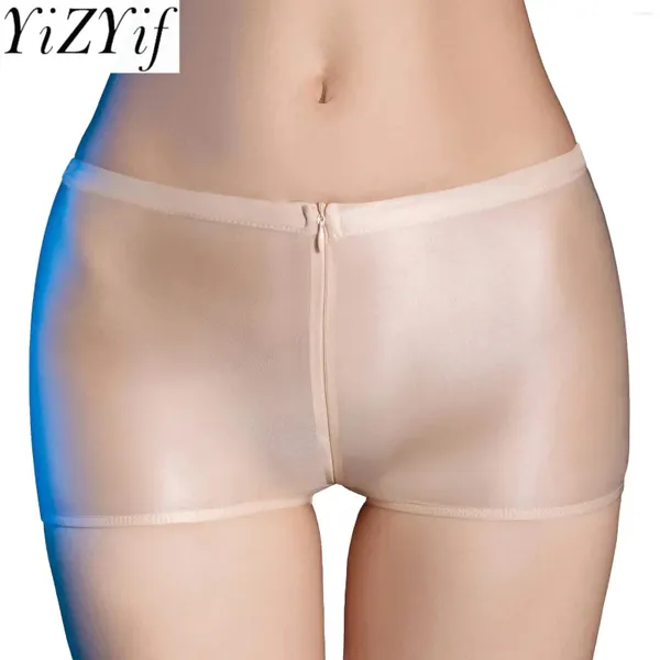 Frauenhöfen Frauen glänzende Reißverschluss-Schritte-Boyshorts Low-Rise Ultra-dünn Unterwäsche sexy bloße Dessous durchsichtige Unterhose dünne Unterhose