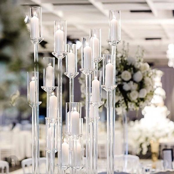 Portacandele 10pcs) Porta del tubo di cristallo in stile matrimonio alto 8 bracci candelabra tavolo acrilico decorazione superiore AB0467