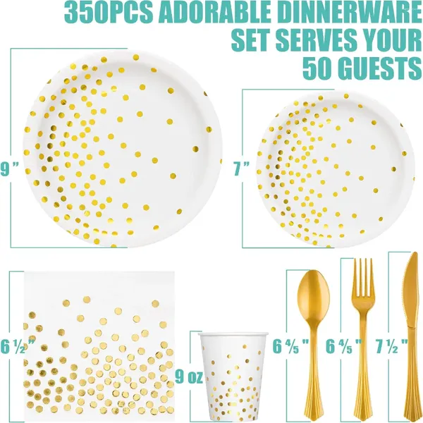 Lugares de jantar descartáveis Supplimentos de festa branca e dourada - 350pcs Definir placas de papel guardanapos de copos de plástico Facas de Facas