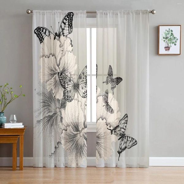 Vorhang hellgrauer Schmetterling Blume Tüll Vorhang für Wohnzimmer Schlafzimmer Dekoration Transparent Chiffon Sheer Voile Fenster