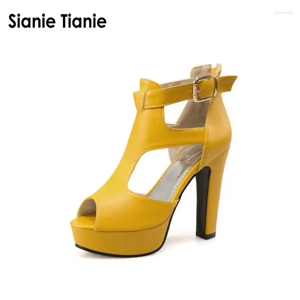 Kleiderschuhe Sianie Tianie Frau Gladiator High Heel Sandalen Frühling Sommer Peep Toe T-Strap Plattform Spike Heels Reißverschluss Gelb Größe 12 46