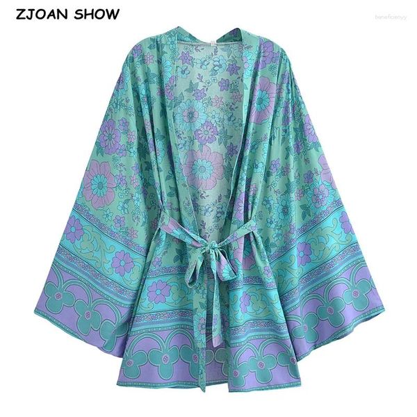 Mulheres Prinha de flor vermelha Kimono Cardigan Holiday Tide Bow Bow Sashes Mid Long Shirt Robe Loose Beach Cape