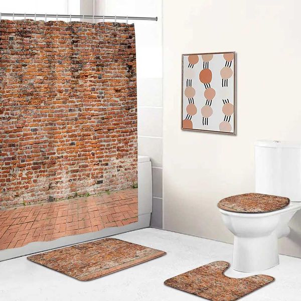 Duschvorhänge Ziegelstein Wand Steinmauer Bad Vorhang Set Vintage Stones Kunst Ästhetisches Badezimmer Dekoration Retro-Rutsch Bad Matte Toilettendeckel Deckung