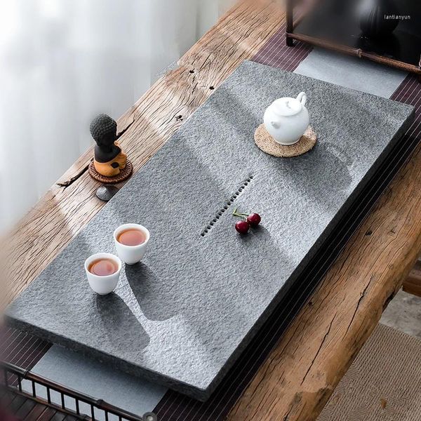 Bandejas de chá bandeja completa chinesa para kungfu conjunto de barcos de pedra preta drening outlet mesa pesada de tamanho multi-size