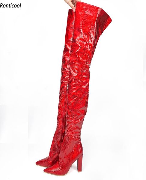Rontic Women Winter coxa botas altas saltos de saltos de cobra Padrão de cobra pontual dedo lindas clubes vermelhos vestem sapatos mais mulheres e tamanho 5152622556