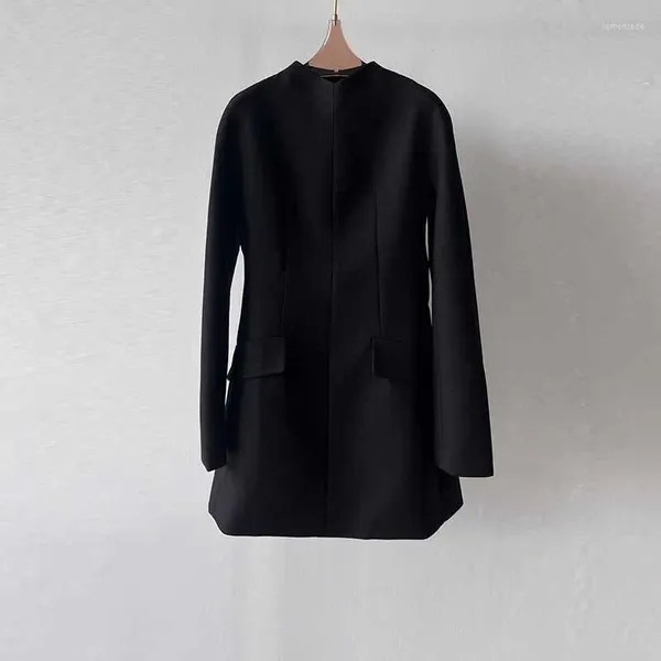 Vestidos casuais 24 Autumn Winter Wool Black Cintura para cima Dress Temperamento de manga longa colar
