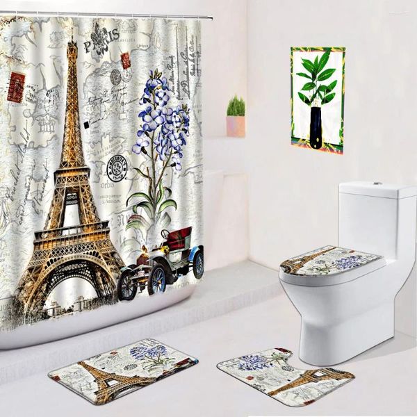 Duschvorhänge Europa Retro 4pc Vorhang Set Paris Turm alte Kartenblumen Vögel Druck Badezimmer Dekor Stoff Bad Nicht-Schlupfmatte