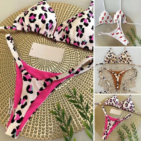 Costumi da bagno femminile da donna con costume da bagno tankini sport sport leoparda stampare cazzo reggiseno ad alta vita con lacci per crash-up bikini set ciliegia per