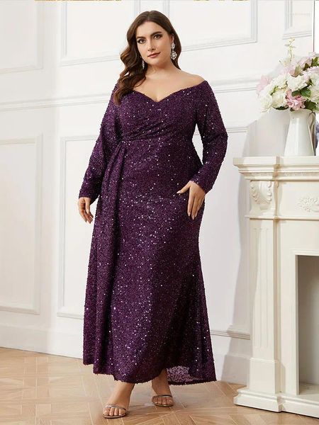 Abiti da festa più dimensioni fuori spalla a maniche lunghe paillettes viola abiti da sera lussuoso banchetto 4xl 5xl grandi eleganti scintillanti