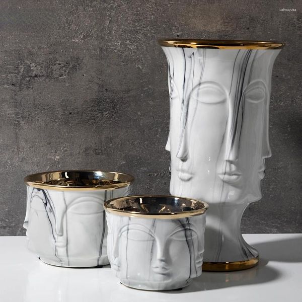 Vasi moderni viso per testa umana glassa liscia in oro in porcellana decorazione per la casa in vaso con fiore in ceramica