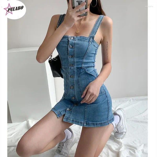 Lässige Kleider Pulabo Frauen Denim Kleid Sommer sexy Träger Skinny Short Rock Blue Korean Fashion Classic Streetwear Ein Wort Kragen Jean