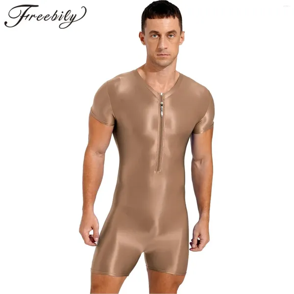 Menas de banho feminina masculino massaceiro de uma peça de zíper brilhante Bodysuit de zíper extracho redondo pescoço de fitness de manga curta Macaco de macacão
