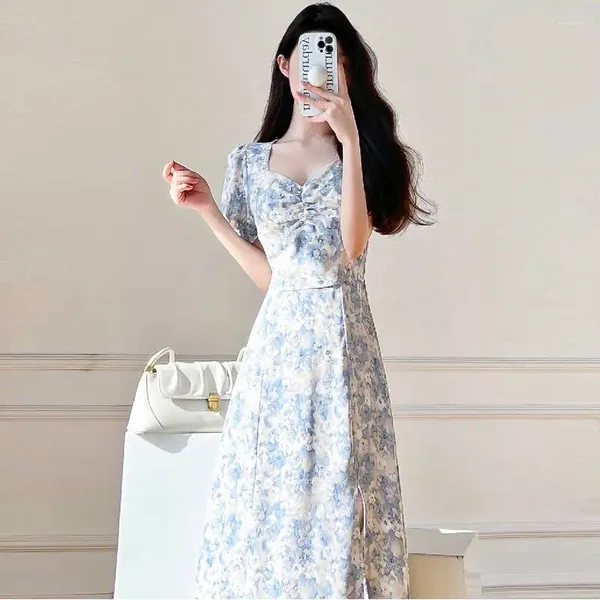 Vestidos de festa French Retro, estilo floral, estilo floral para mulheres quebra a pureza do verão sexy e exclusiva figura elegante em forma de pêra