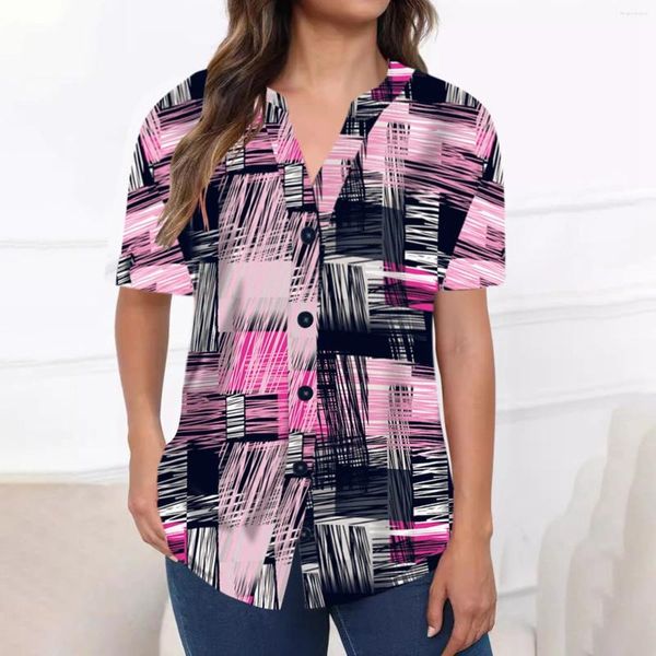 Frauenblusen für Frauengeschäft Casual Sommer Kurzarm gegen Nackenknopf down Plaid -Printhemden Top Ropa de Mujer Ofertas