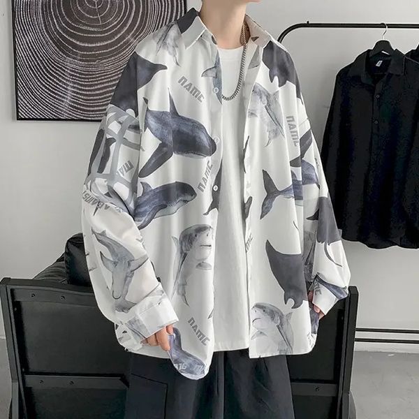 Japanes Ice Silk Women Shark Print camisa de mangas compridas jaqueta de verão Casal de proteção chique de casal chique usa blusa havaiana 240508