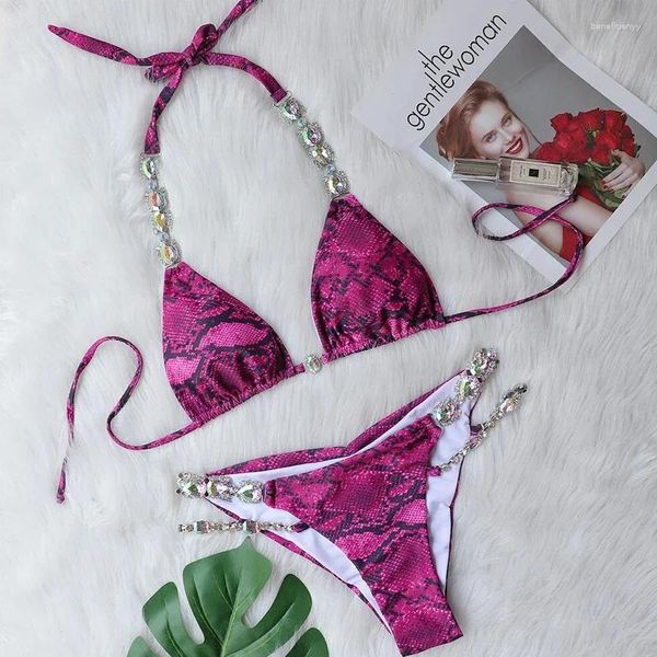 Costume da bagno femminile 2024 costiera di nuoto di strass per serpente per donne per donne rose rosa lussuosa catena di diamanti in due pezzi Bikini senza schienale Y161