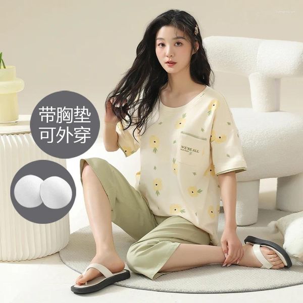Home Clothing große Größe M-2xl Sommer kurzer Top-Kälbere-Hose Nachtwege Frauen Strickte Baumwoll-Pyjamas mit Brustpolster