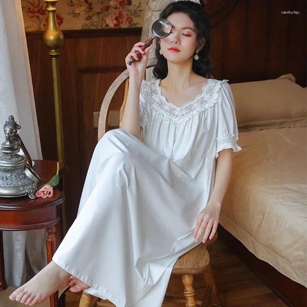 Abito da donna estate in camicia da notte a maniche corta donna lunga abito notturno lungo in pizzo in pizzo in stile korea carino abito primavera kawaii