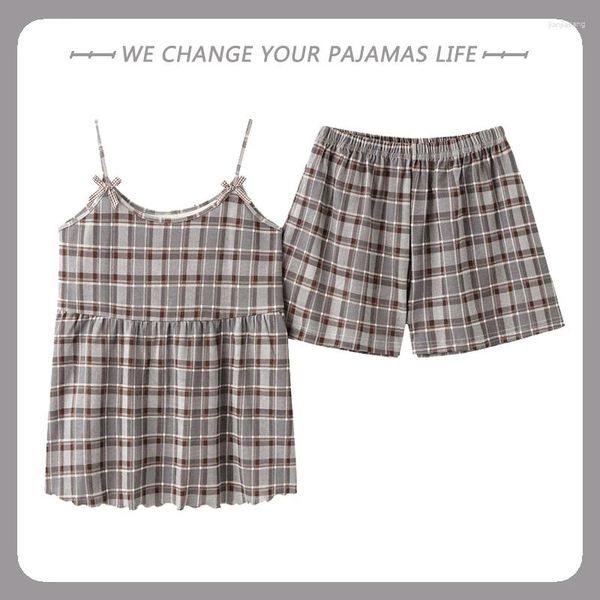 Abbigliamento per il sonno femminile in pigiama con stampa a quadri coreana Set per donne estate adorabili girl di cotone notturno top corti e pantaloncini