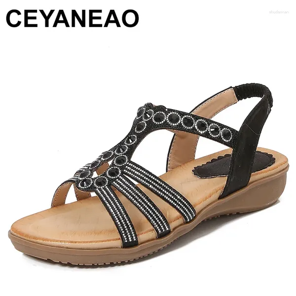 Sandalen Sommer Bohemian Style eingeklemmte Beine Perlen -Strass mit elastischen Fersenriemen Frauenschuhen