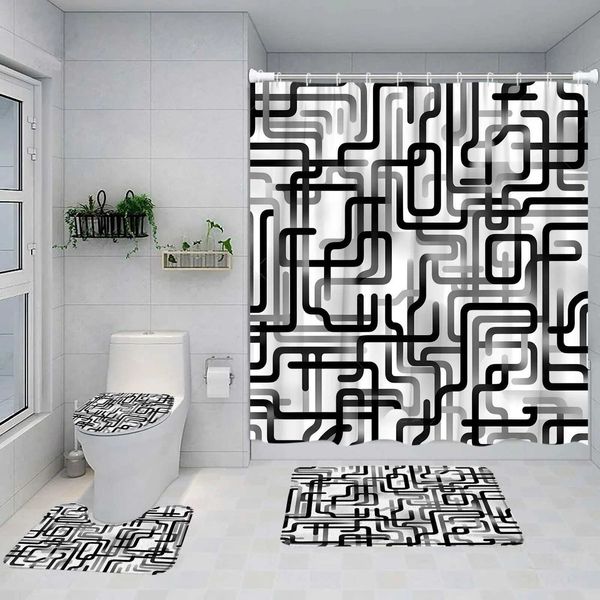 Cortinas de chuveiro preto branco abstrato abstrato geométrico cortina linhas linhas quadradas colveres nórdicas de poliéster chuveiro