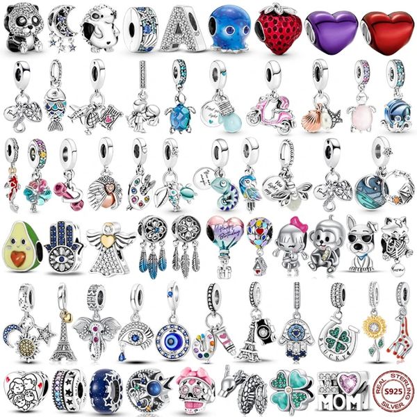 925 Sterling Silver Fit Pandoras Charms Beads Bracciale Chamleon Star Moon Charms Turtle Blue Eyes