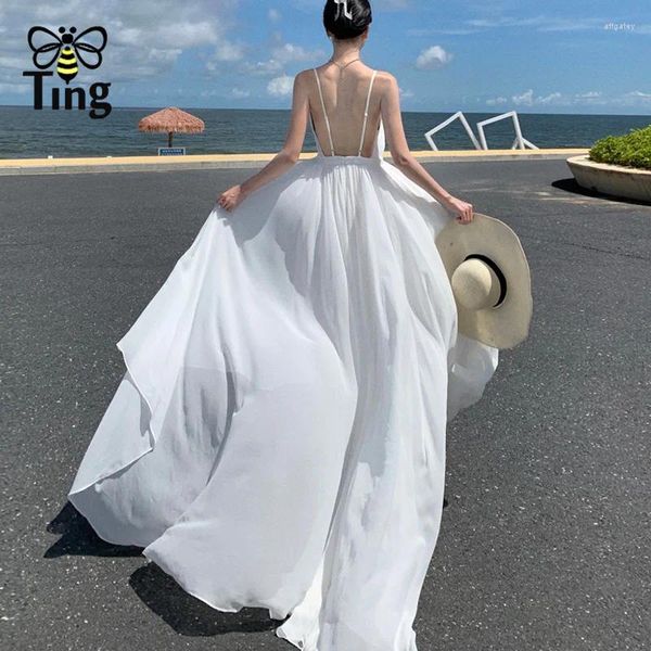 Lässige Kleider Tingfly 2024 Designerin weiße Farbe Rückenfreie bodenlange lange Sommer Märchen -Hochzeitsurlaub Roben im Freien