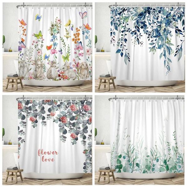 Duschvorhänge Blumenblatt Pflanze Rebe Rose Haltbar Blumenstoff wasserdichtes Polyester Badezimmer Badewanne Vorhang mit Haken