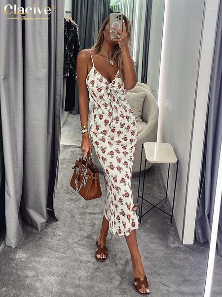 Abiti casual Clacive Sexy Slim Print Womens 2024 Summer Cingle Sleeveless Midi Elegante classico pizzo femminile Sunspesses