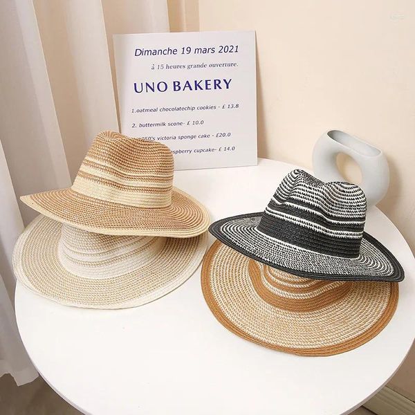 Boinas Fedora Spliced Men's Summer Straw Hat da moda Proteção solar Brim Brim British Top Street Style Beach Cap Hats