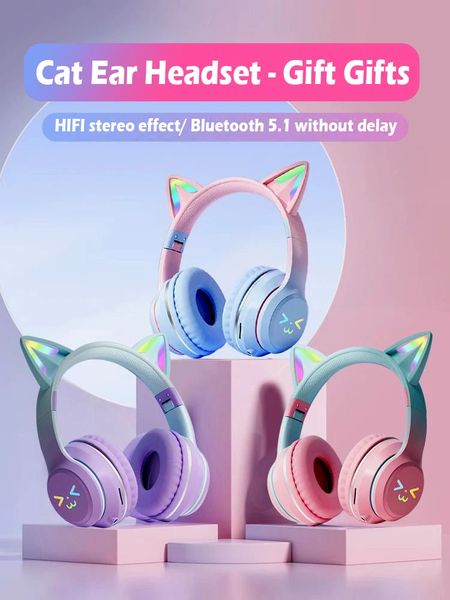 Fofos fones de ouvido do gato Bluetooth gradiente colorido fones de ouvido sem fio Mic Gaming dobrável suporta TF Card Ruído Cancelar fone de ouvido