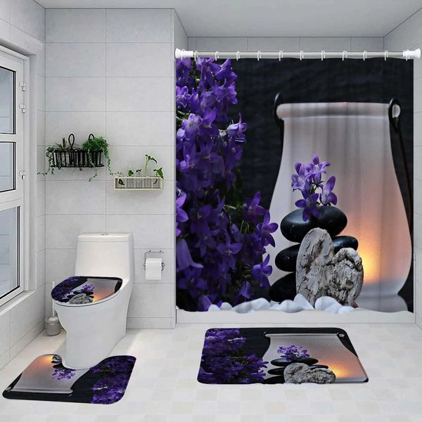 Tende per doccia zen set tende per doccia set viola orchidea in pietra nera verde verde giardino scenario decorazione del bagno tappeto non slitta