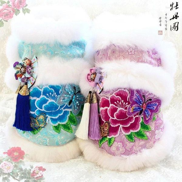 Vestuário para cães feitos artesanais de roupas de inverno suprimentos de estimação de petão flores de borboleta rosa peony brocade de peles acessórios gatos chihuahua malteses