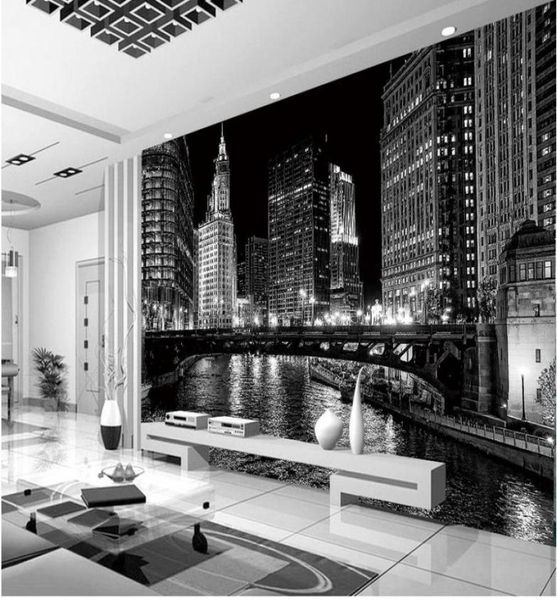 Черно -белый город ночной фрески роспись 3D обои 3D стены для телевизора 2311783