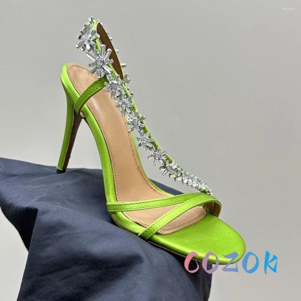 Sandali sexy seta verde chiaro seta asimmetrica fiocchi di neve cristallo catena stiletto estate femminile rotonde peep toe scarpe eleganti di grandi dimensioni