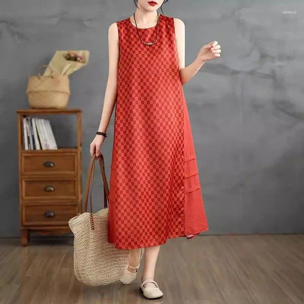 Vestidos casuais vestido de colete impresso vermelho Mulheres 2024 Temperamento retrô de verão elegante estilo chinês de ponta mangas mangas lixo k1027