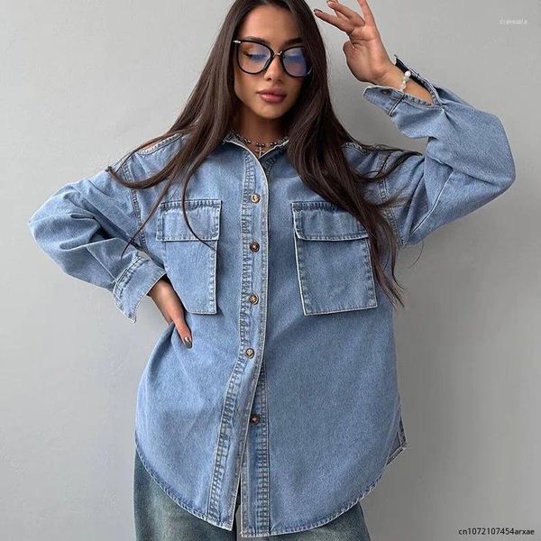 Kadın bluzları vintage koyu mavi kadın denim gömlek sonbahar kış uzun kollu yaka gevşek bluz kadın yıkanmış jean dış giysiler