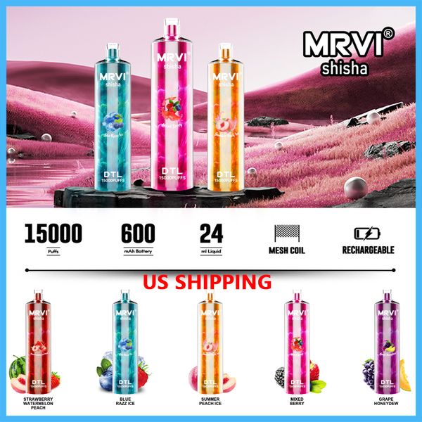 MRVI 15000 Puff Hookah Vape e cigarro DTL Vaping Style 24ml pods recarregáveis de 600mAh Bateria LED LED Light Vaper Pen US Shipp